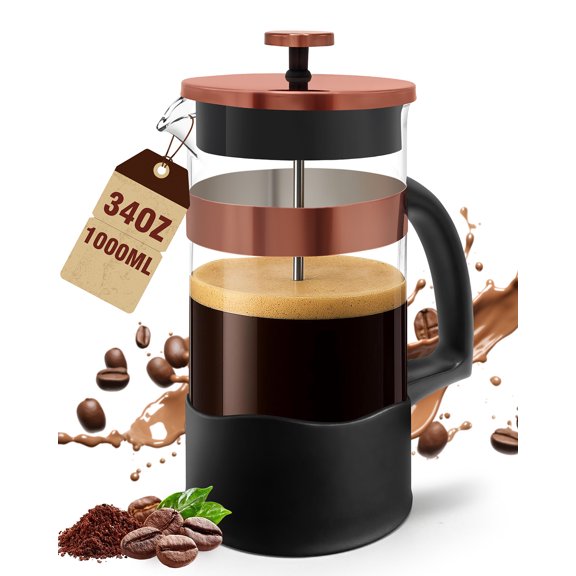 French Press Coffee Maker 34oz 1 L, No Plastic Touching Cafe, Heat Resistant Thickened Borosilicate Glass, Stainless Steel Brewer, Cold Brew Cafetera Teapot for Kitchen Travel CampingRose gold