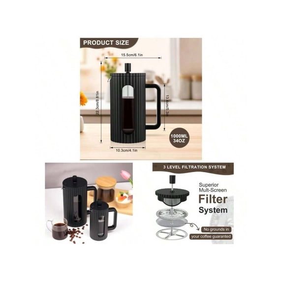 French Press Coffee Maker, 34oz (1000ml) – Heat Resistant Borosilicate Glass Carafe, Tea Maker and Milk Frother Brewer
