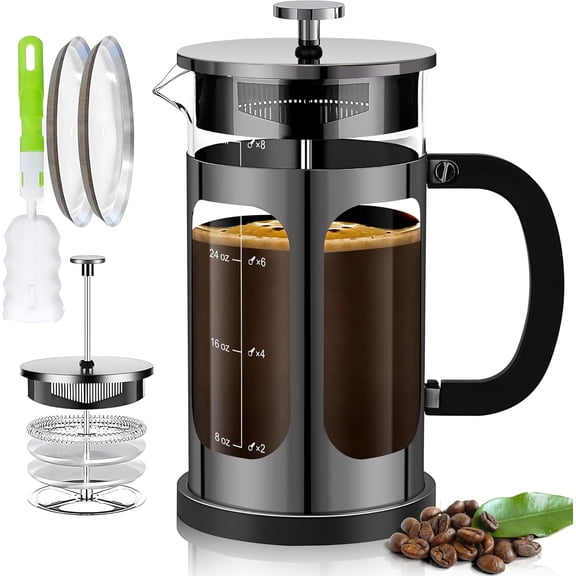 French Press Coffee Maker (34oz 1Quart 5-6Cup) Press, with 4 Filters System, Heat Resistant Thickness Borosilicate Glass, Cold Brew Tea Pot Gifts (Bright Black)