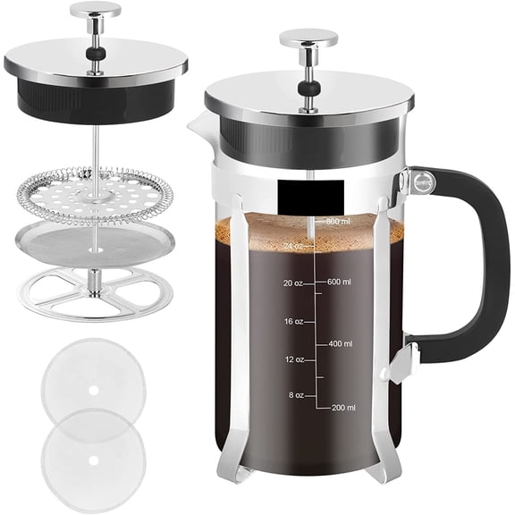 French Press Coffee Maker,34oz 304 Stainless Steel with 2 Filter, Heat Resistant Durable, Easy to Clean, Borosilicate Glass Press, BPA Free Glass TeaPot-34 Ounce 1 Liter (Chrome)