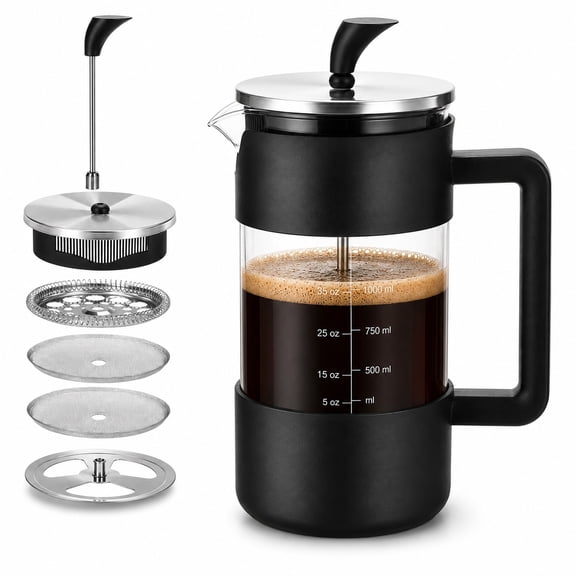French Press Coffee Maker 35 oz, Stainless Steel French Press with Heat Resistant Borosilicate Glass, 4-Level Filtration Coffee Maker for Hot & Cold Brew