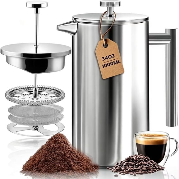 French Press Coffee Maker, ANUNU 304 Grade Stainless Steel Insulated Coffee Press with 2 Extra Screens, 34oz