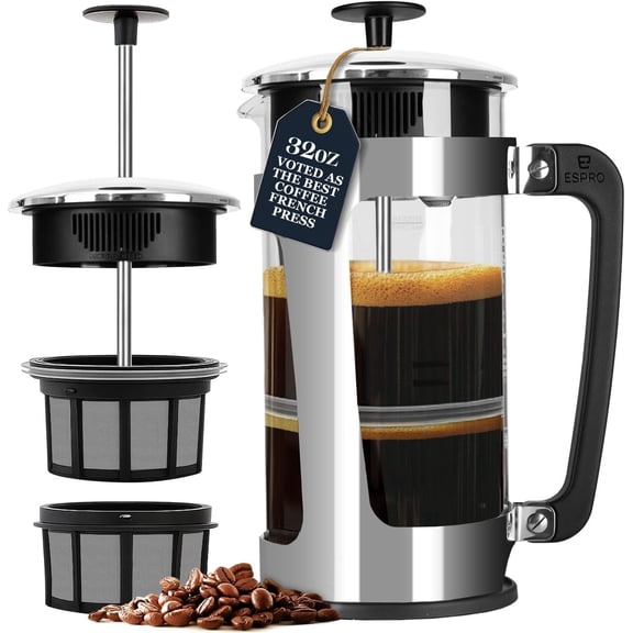 French Press Coffee Maker with Double Micro-Filter Heat-Resistant Borosilicate Glass 32 oz