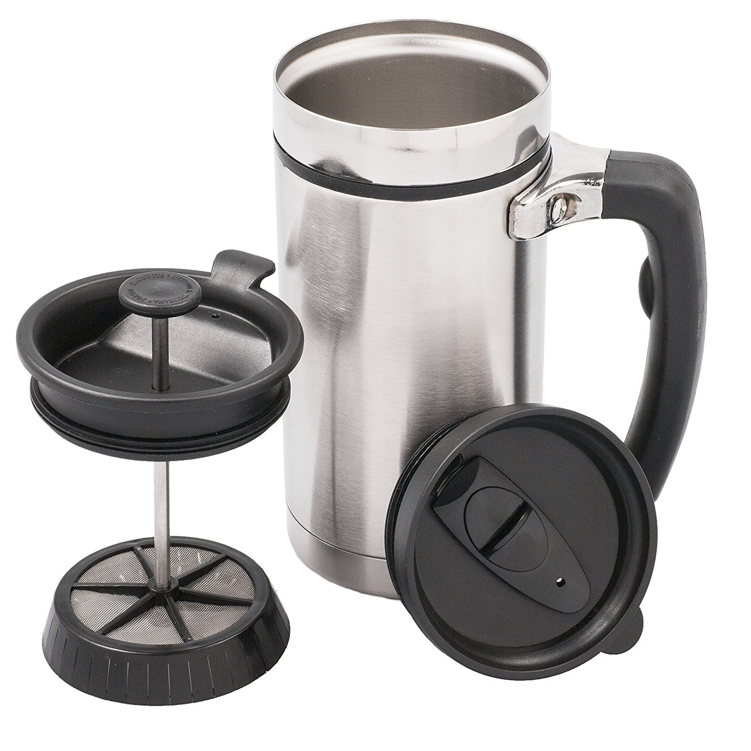 French Press Coffee and Tea Mug, Desk Press with Handle and 2 Spill Proof  Lids - 20oz - Stainless Steel
