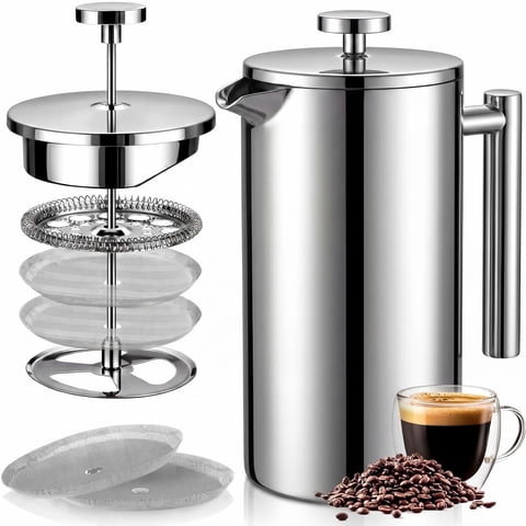 Stainless Steel French Press Coffee Maker 34 Oz Double Wall Insulated Coffee Press Include 2 Extra Filters Rust Free Dishwasher Safe Silver