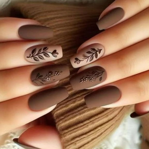 French Press on Nail with Leaf and Floral Matte False Nail Acrylic Nail 24pcs