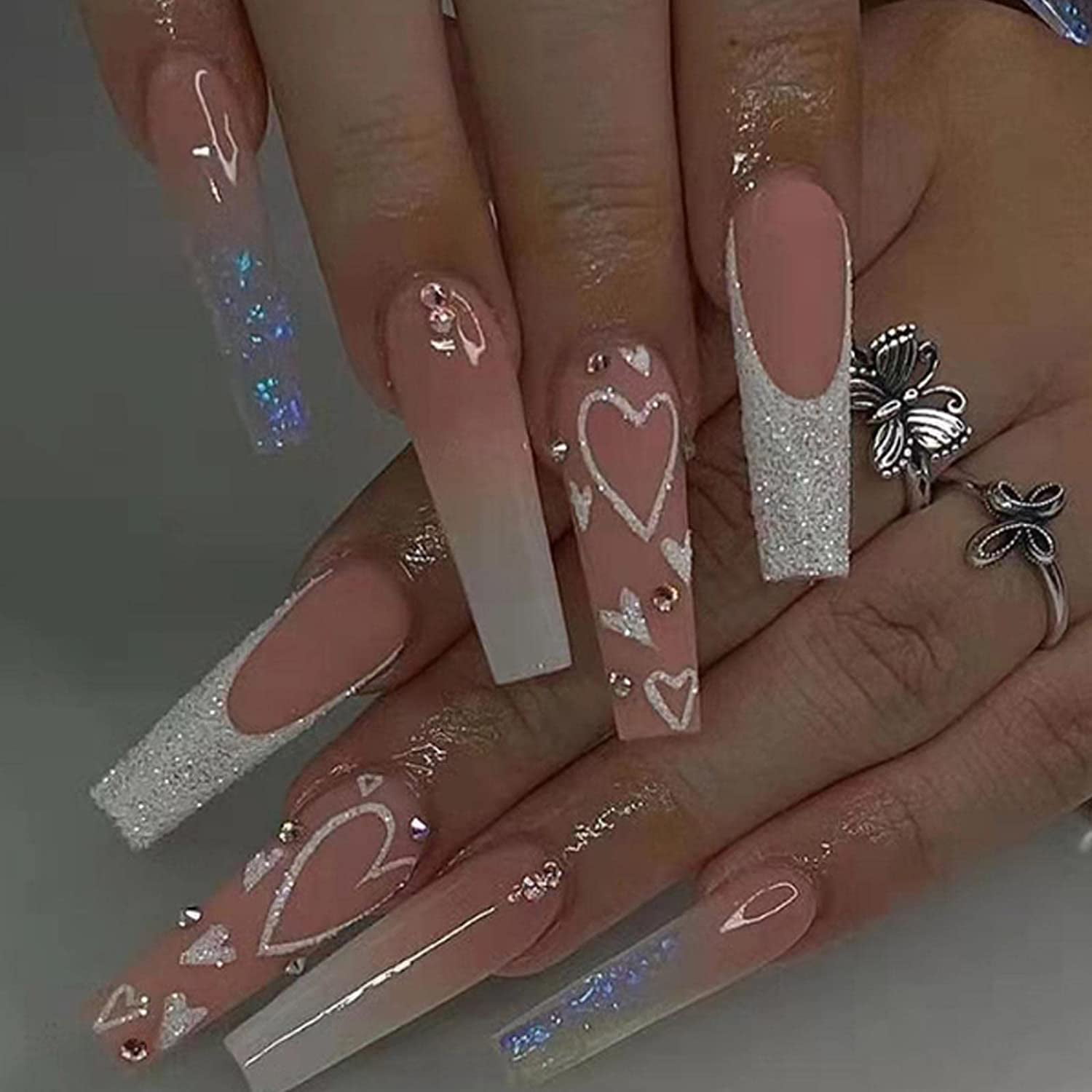 French Press on Nails Coffin Long Fake Heart Nails Design Acrylic Full