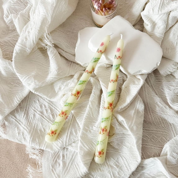 French Printed Long Rod Candle, Odorless Handmade Romantic Wedding Valentine Birthday Party Candles, Decorative Flame Candle for Candlelight Dinner Banquet Ambiance