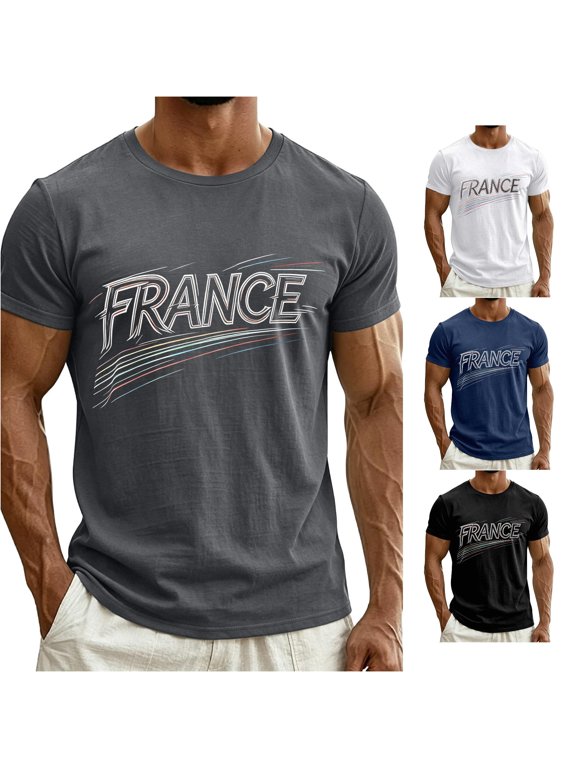 French Printed Short Sleeve T Shirt Casual Summer Top Mens Compression Cold Gear