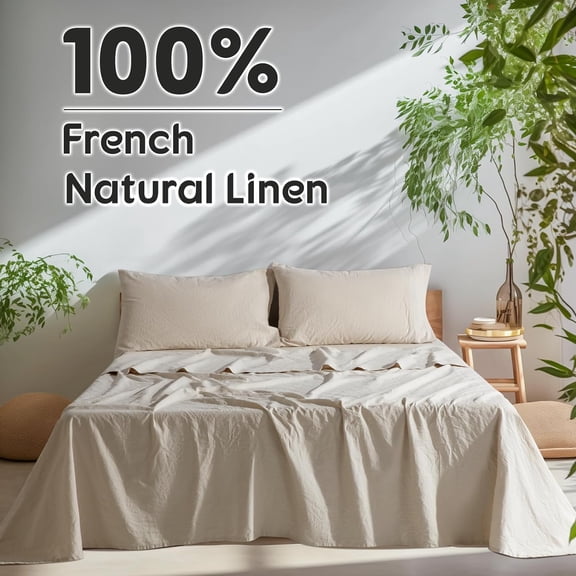 French Pure Linen Sheets, Breathable and Linen King Size Sheets, Anti-Tear Linen Bed Sheets, Machine Washable, 16 Inch Deep Pocket - 4 Piece (Natural Linen, King)