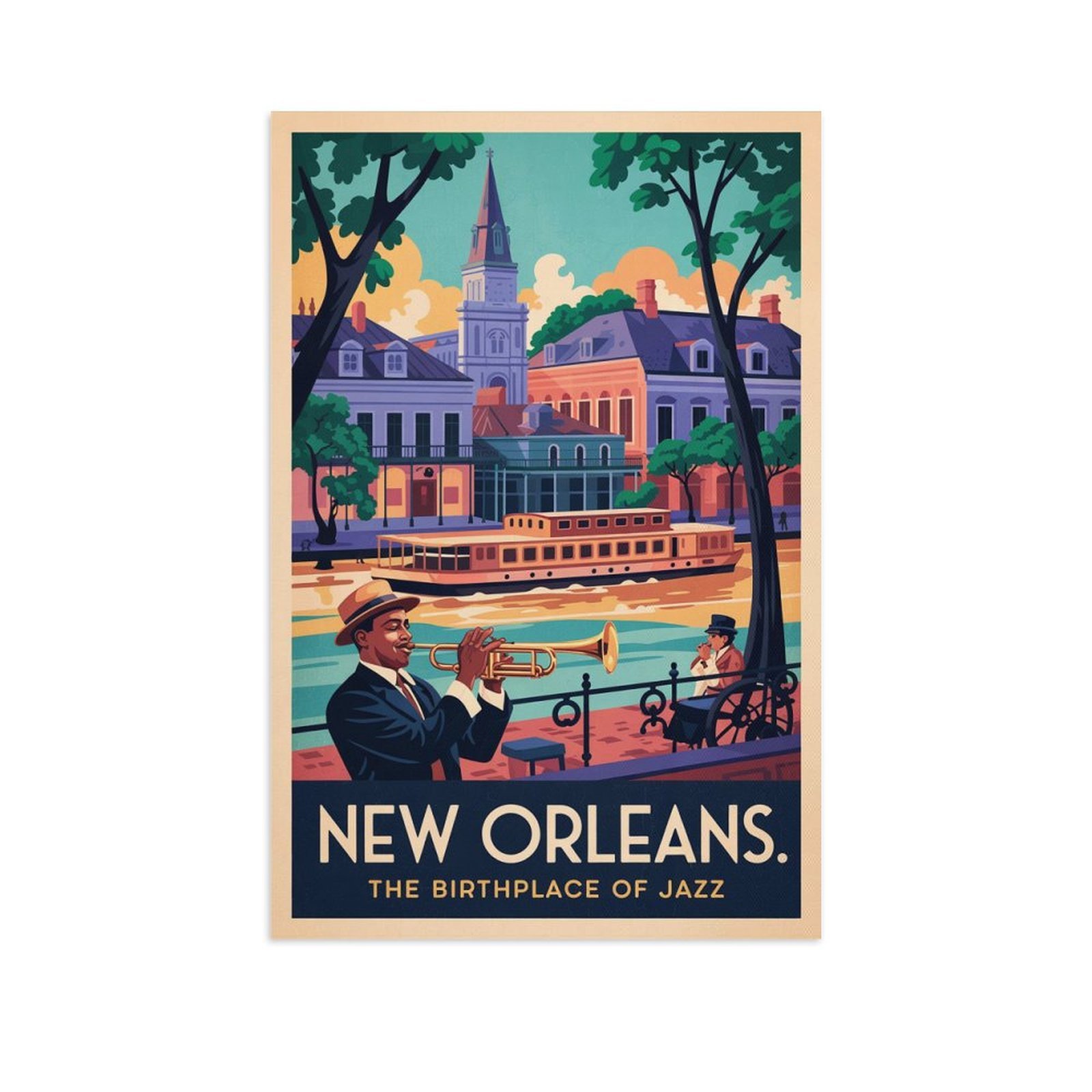 French Quarter Classic Poster Retro New Orleans Cityscape with Historic
