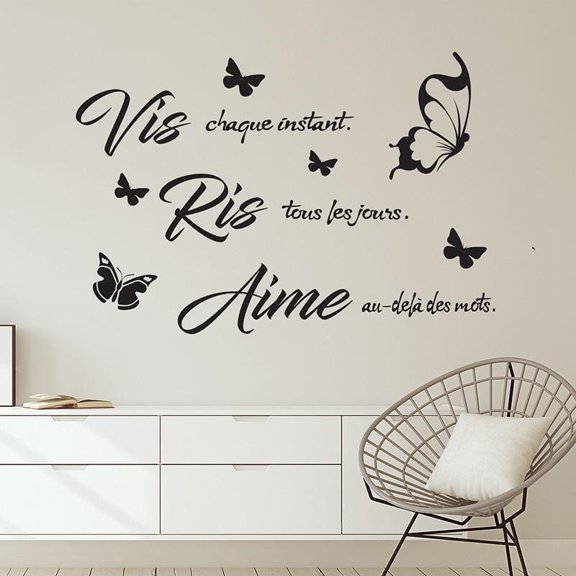 French Quote Wall Decal Vis, Ris, Aime Vinyl Sticker Butterflies Decoration For Living Room 149x100cm