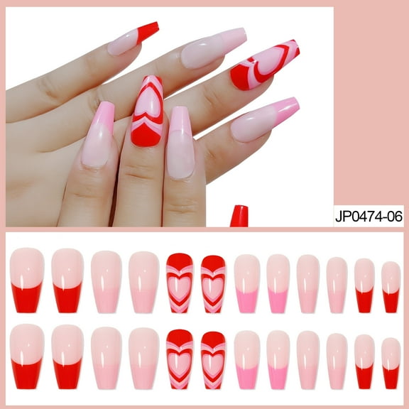 French Red Heart False Nails 24 Jelly Gel on Manicure Full Cover Nail Tips Salon Quality Wear