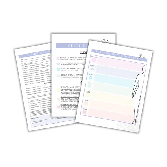 French Reiki Intake Forms, Aftercare Cards, Consent, Session Notes Healing Bundle Chakra Grid Distant Sessions  75 pk, 25 of Each 5 Forms  Instructions Client Signature History 8.5x11