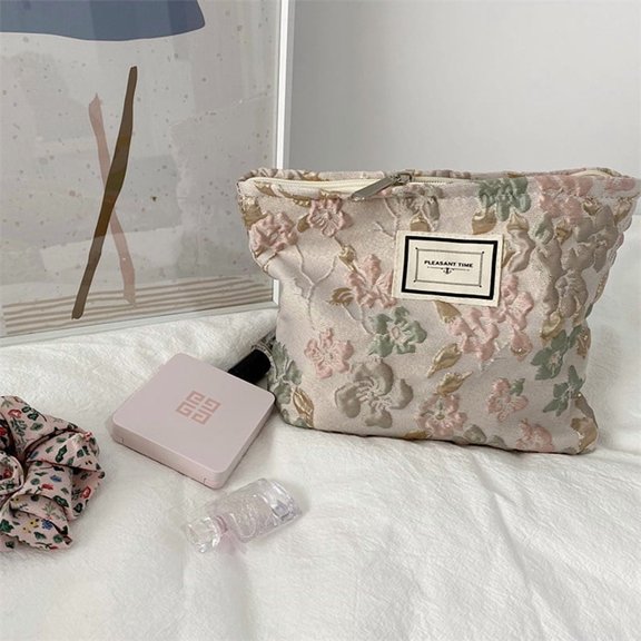 French Relief Flowers Print Cosmetic Bag Canvas Washing Bag Large Capacity Women Travel Cosmetic Pouch Make Up Storage Clutches