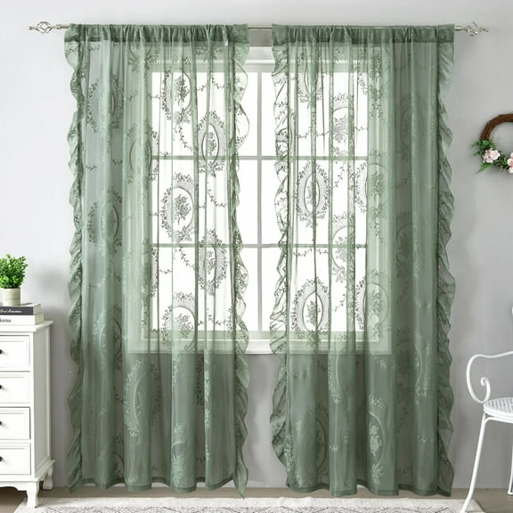 French Retro Green Ruffled Lace Sheer Tulle Curtains For Girls Room Living Room Korean Pastoral Floral Window Screen
