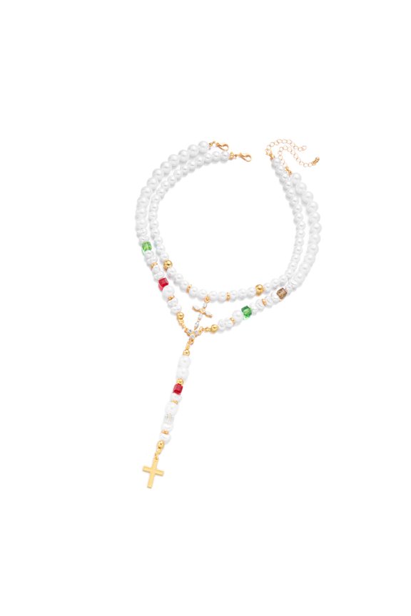French Retro Pearls Crosses Necklace Featuring Y Design Beadwork and Adjustable Chain for Enhances Layering