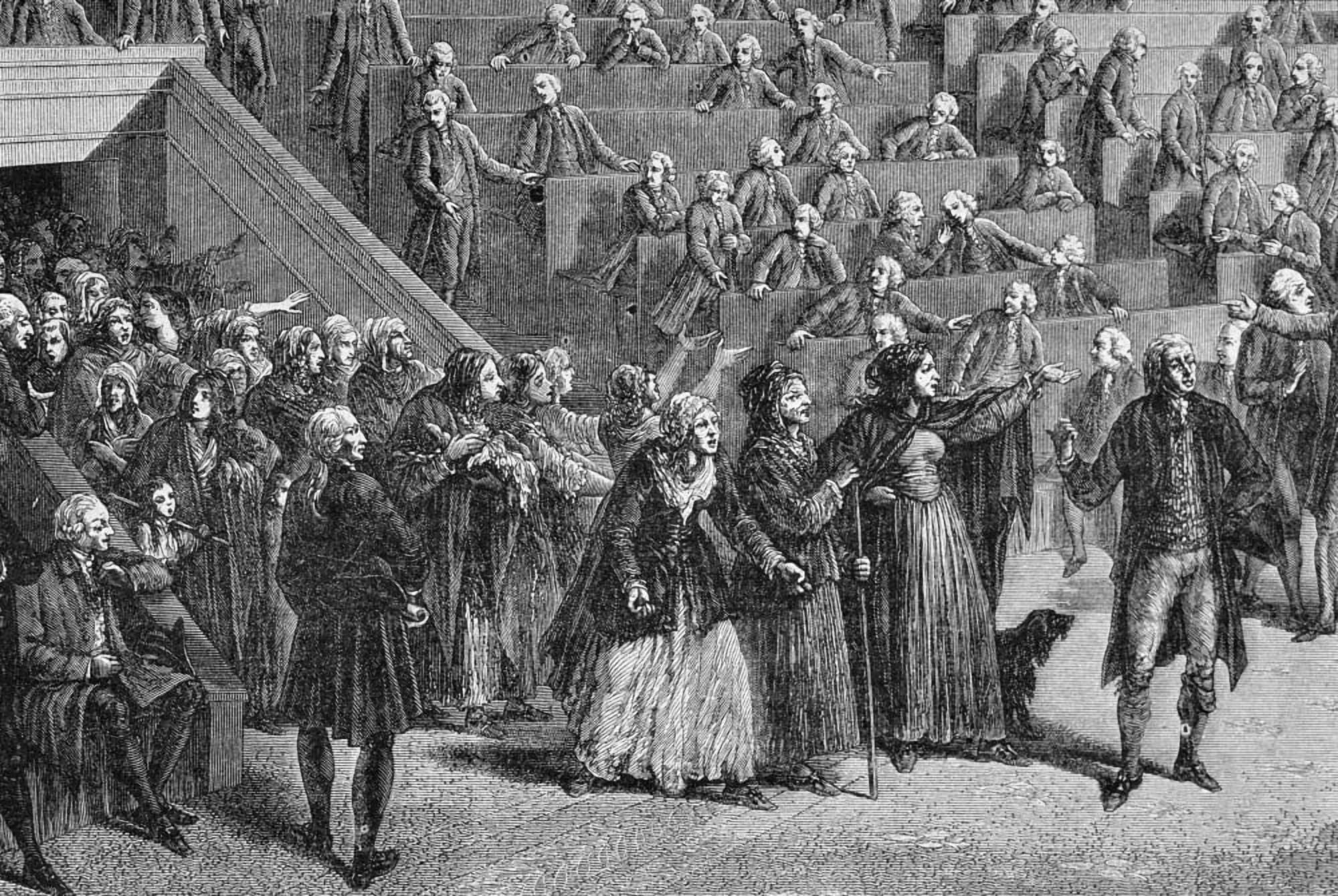 French Revolution Women Led By Stanislas Marie Maillard 1763 To 1794 Invade The Assembly October 1789 To Beg Deputies To Take Action Against Food Hoarders Canvas Art - Ken Welsh  Design Pics (34 x 22)