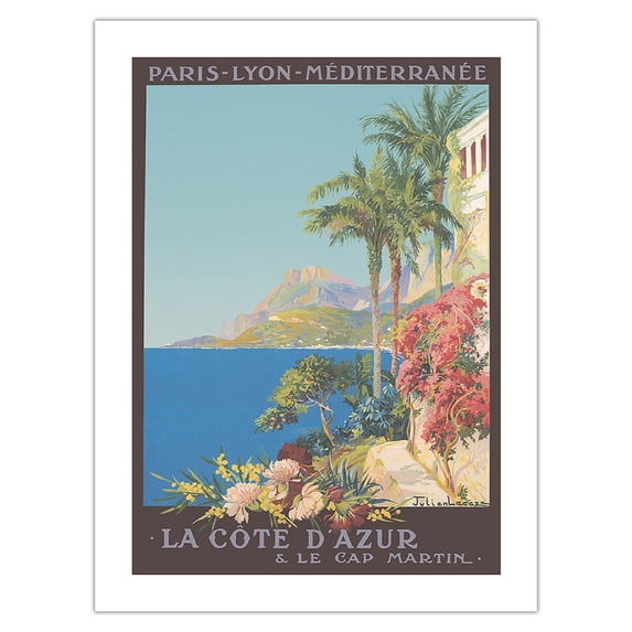French Rivera (Côte d'Azur) France - Paris-Lyon-Mediterranean (PLM) - Vintage Railroad Travel Poster by Julien Lacaze c.1921 - Bamboo Fine Art 290gsm Paper Print (Unframed) 24x32in