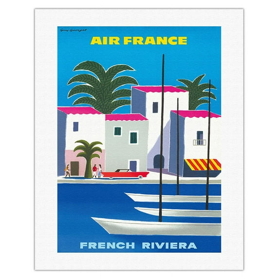 French Riveria - South of France - Côte d'Azur - Vintage Airline Travel Poster by Guy Georget c.1959 - Fine Art Rolled Canvas Print 20in x 26in