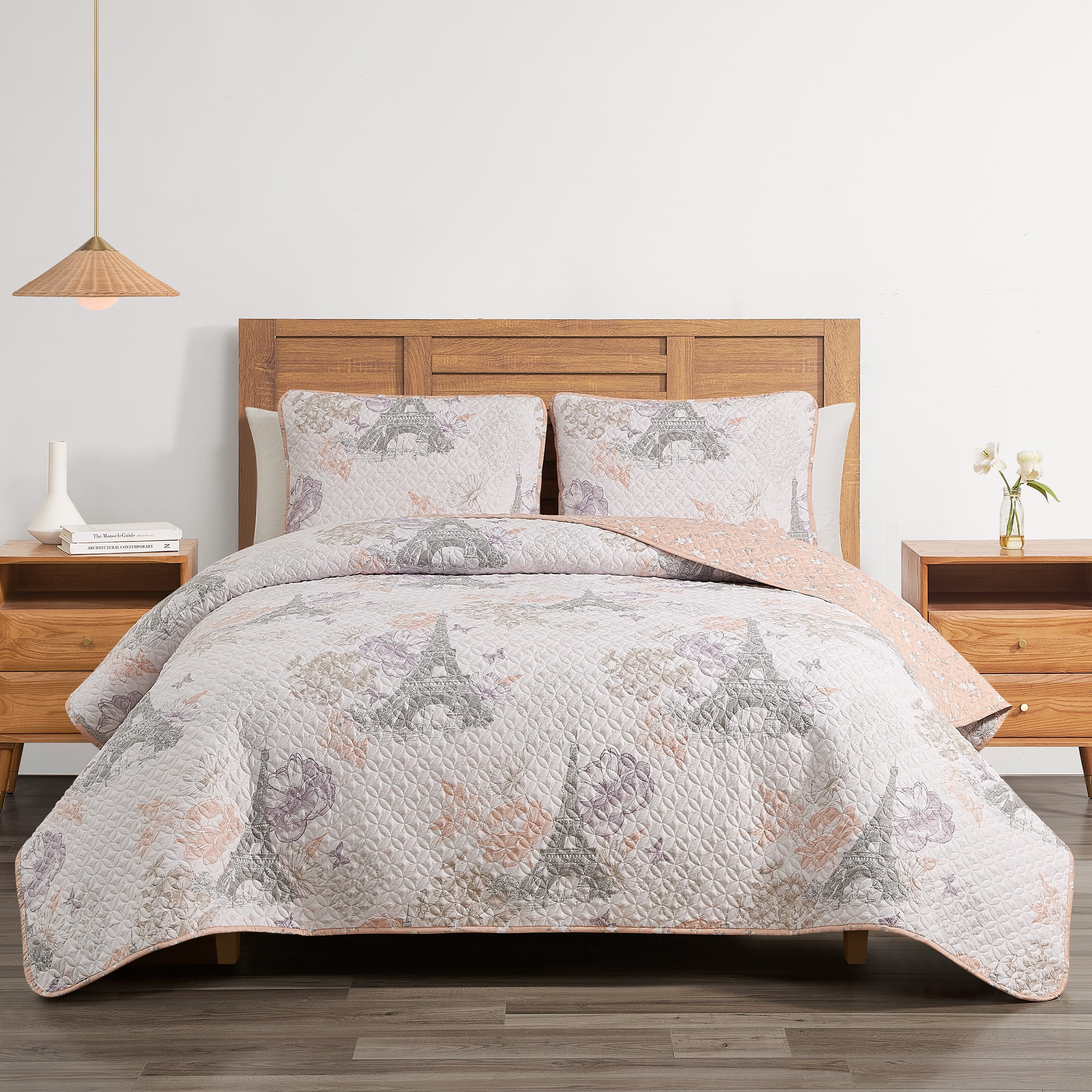 Parisian Floral Full/Queen Quilt Set with Coral Reverse