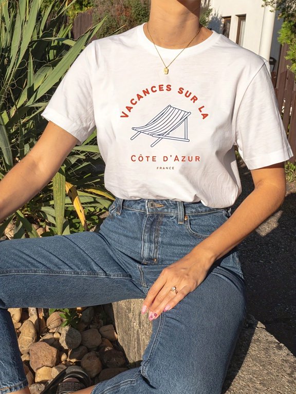 French Riviera Aesthetic T-Shirt, French Theme T-Shirt Monogram Printed T-Shirt, Short Sleeve Crew Neck Casual Tops For Summer And Spring, Women's