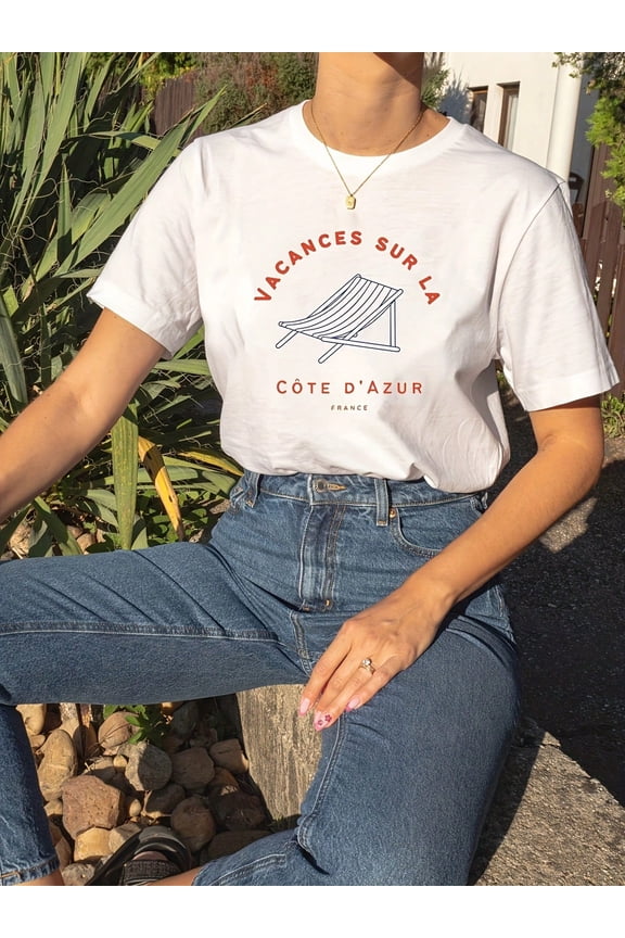 French Riviera Aesthetic T-Shirt, French Theme T-Shirt Monogram Printed T-Shirt, Short Sleeve Crew Neck Casual Tops For Summer And Spring, Women's