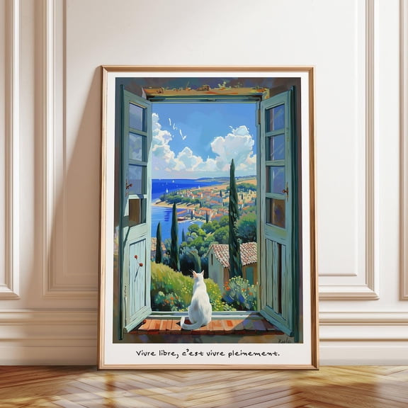 French Riviera Cat Window Poster, Unframed Paper Poster 8x10in