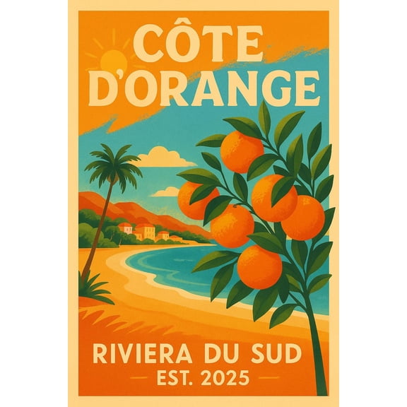 French Riviera Travel Poster: Cote D’Orange Retro Print (), Stretched Canvas Size 8x12