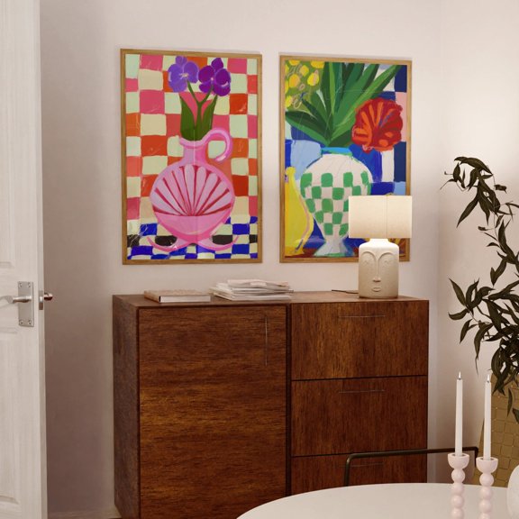 French Riviera Vases Kitchen Wall Art Colorful Preppy Art Retro Wall Art Set 2 Stretched Canvas 12x18