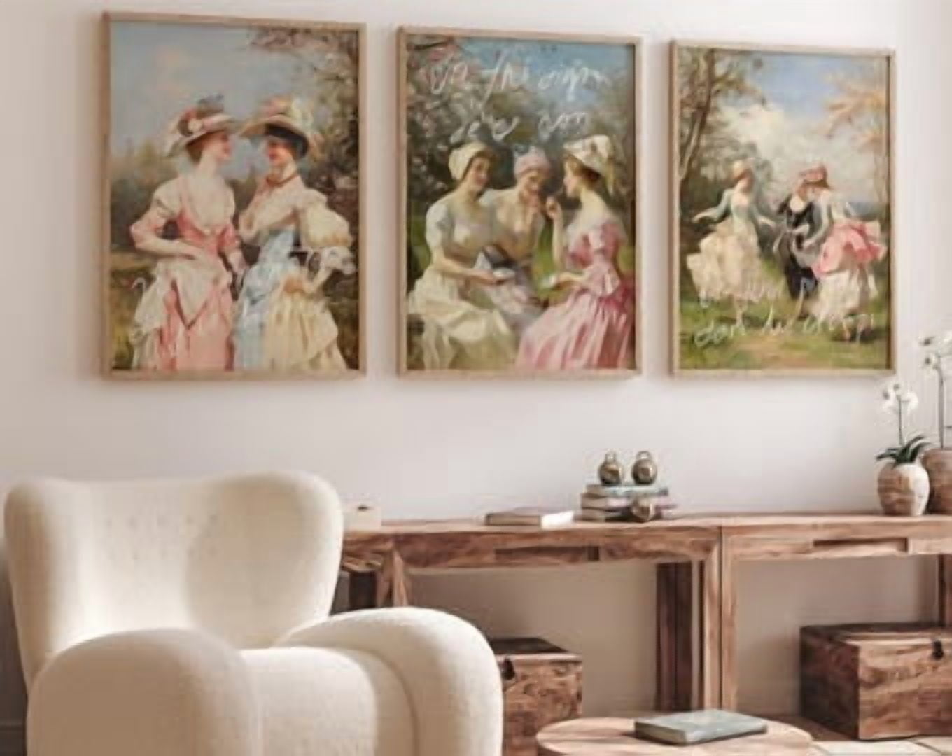 Ladies Time Sign French Rococo Women Garden Wall Art Print Set, Countryside Tea Time ...