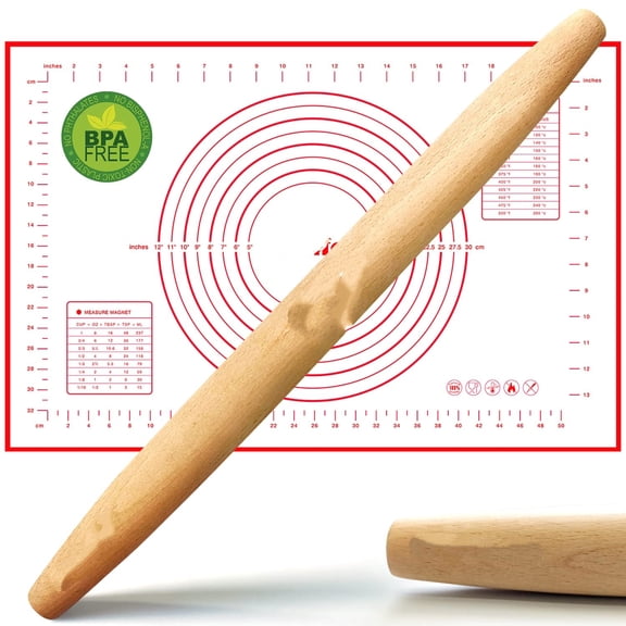 French Rolling Pin and Silicone Baking Mat Set,Non-Stick Beech Wood Rolling Pin 17 Inch and Pastry Mat for Best Pie Crust,Cookie,Pasta and Pizza Dough