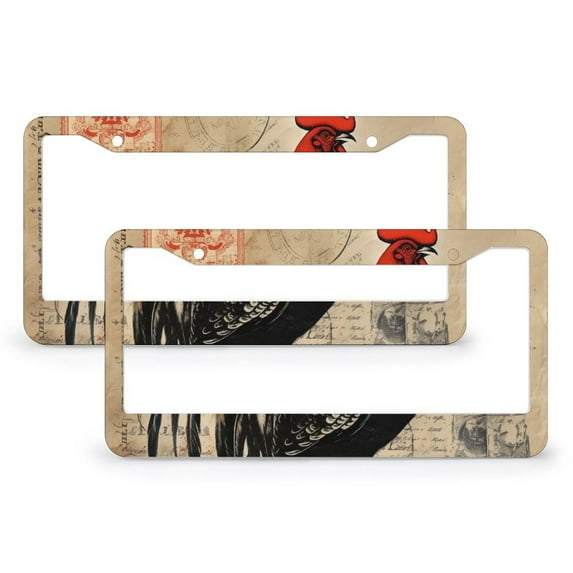 French Rooster With Stamps License Plate Frame 2 Pcs Set Geometric Pattern Country Auto Car Accessories Tag for US And CA 2 Holes Quality Aluminum License Plate Cover