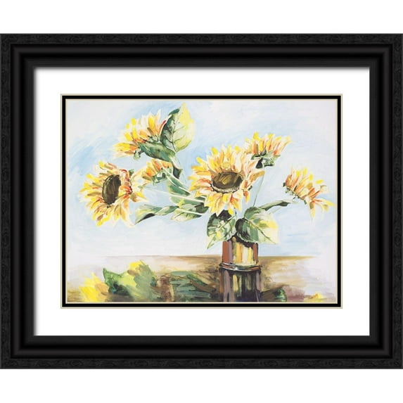 French-Roussia, Heather A. 24x19 Black Ornate Wood Framed with Double Matting Museum Art Print Titled - Sunflowers on Golden Vase