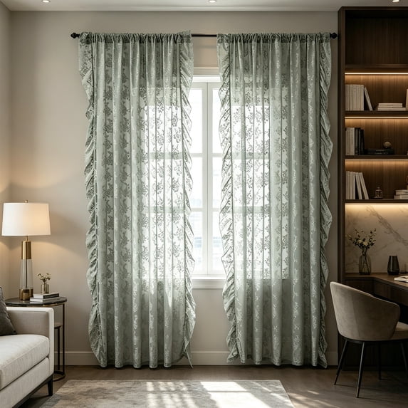 French Ruffled Lace Semi Sheer Curtain Panel Floral Jacquard Light Filtering Grommet Window Drape for Living Room Bedroom Kitchen