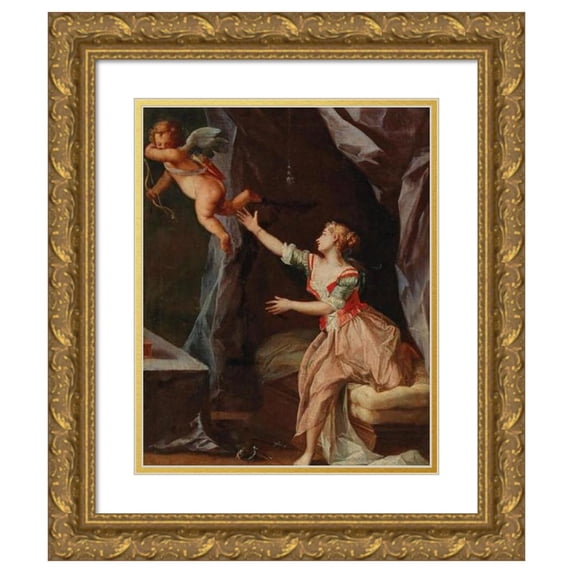 French School 20x24 Gold Ornate Framed and Double Matted Museum Art Print Titled - Interior with a Woman and Amor Flying Away (18th Century)