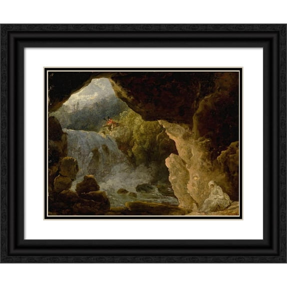 French School 24x19 Black Ornate Framed Double Matted Museum Art Print Titled: The Cave of Neptune at Tivoli (18th Century)