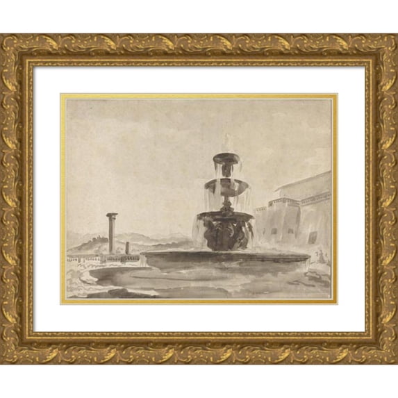 French School 24x19 Gold Ornate Framed and Double Matted Museum Art Print Titled - The Fountain (18th Century)
