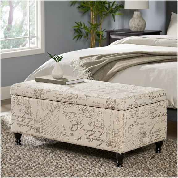 French Script Upholstered Storage Ottoman Bench with Wooden Legs, Beige Rectangular Foot Rest Stool for Living Room, Entryway, Bedroom