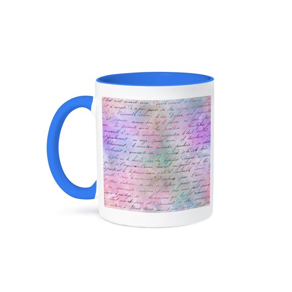 3drose, French Script Writing over Pink and Aqua Flourish Pattern, 11oz Two-tone Blue Mug