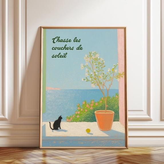 French Seaside Balcony Ocean View Cat Silhouette Aesthetic Animal ...
