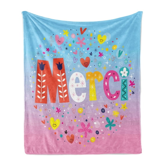 French Soft Flannel Fleece Blanket, Parisienne French Design Merci Thank You Gratitude Words with Hearts Flowers Print, Cozy Plush for Indoor and Outdoor Use, 50" x 60", Multicolor, by Ambesonne