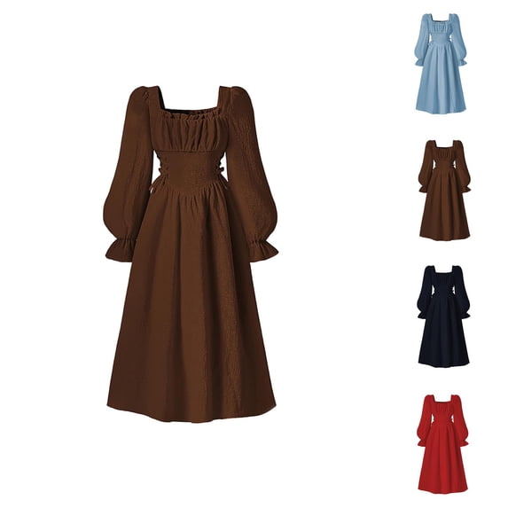 French Square Neck Girls Party Dress with Puff Sleeves, Elegant Waist-Defining Flared Gown for Fall Autumn Season, Flowy Casual Outing Birthday Photo Event Dress