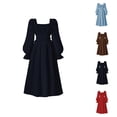 thumbnail image 1 of French Square Neck Girls Party Dress with Puff Sleeves, Elegant Waist-Defining Flared Gown for Fall Autumn Season, Flowy Casual Outing Birthday Photo Event Dress, 1 of 5