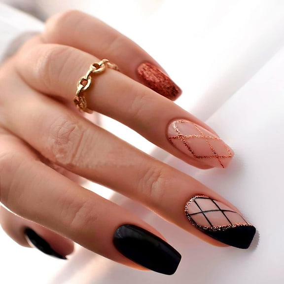 French Square Press on Nails Medium Length Fake Nails Black Lattice Full Cover Acrylic Sequins Design Glossy Stick on False Nails for Women and Girls 24Pcs Style 13 0.04 Fl Oz (Pack of 24)