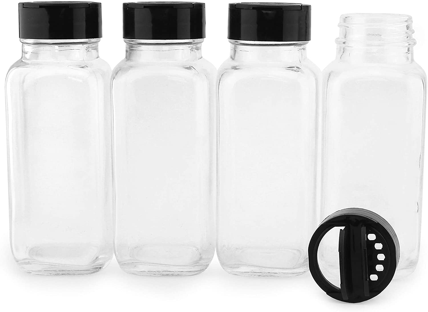 Set of 8 - 6.4 oz Glass Spice Jars with Shaker Fitment and Black Caps