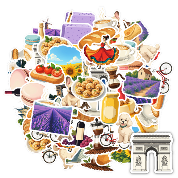 French Stickers Culture Decals Food Travel Stickers Architecture Decals for Laptops Phones Suitcase
