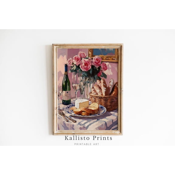 French Still Life Wall Art, Romantic Kitchen Print Poster, Wine and Bread , Vintage Dining Decor 637, Size 24x36 UNFFRAMED F03.1.6l2966