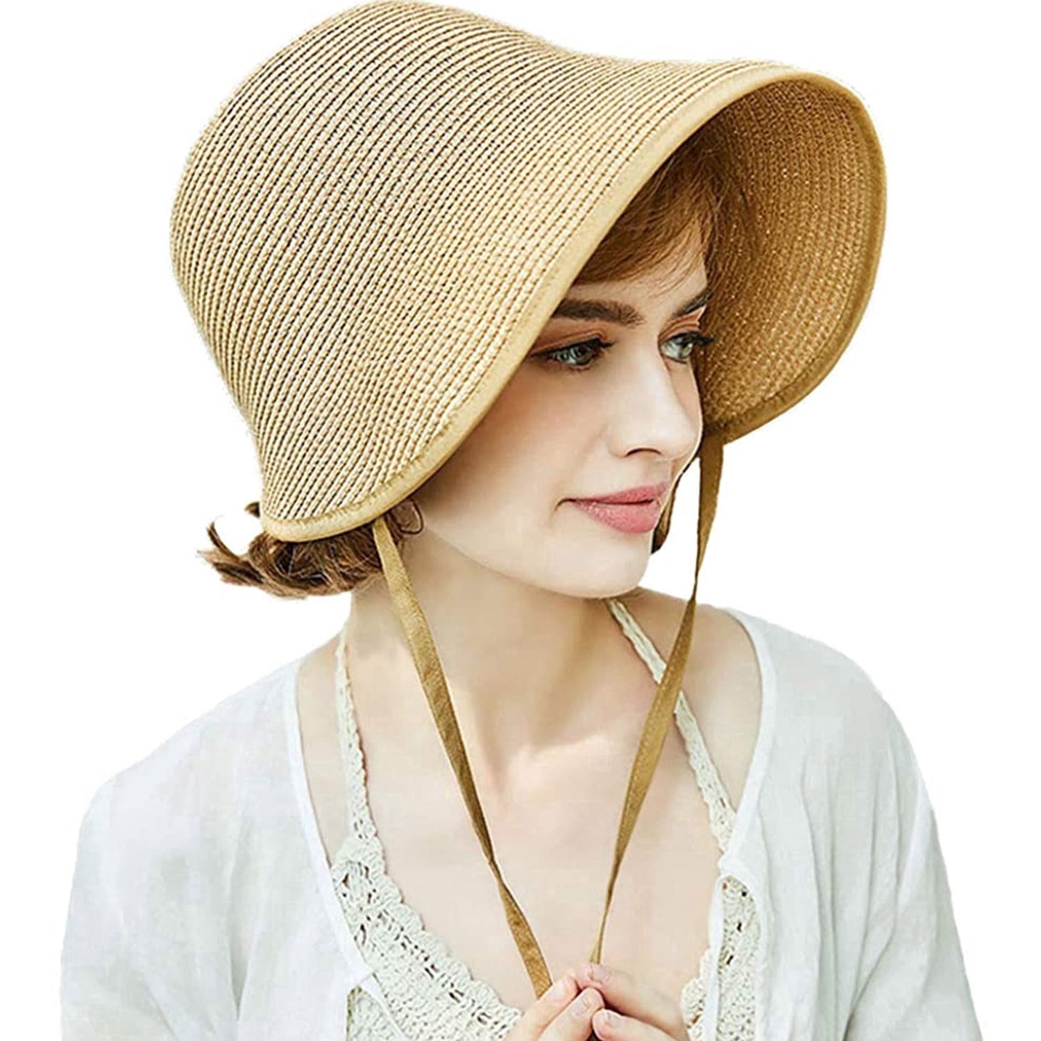 French Straw Bonnet Cap for Women Victorian Sun Hat Chin Strap Foldable Ladies Vacation Summer Beach Bucket Hats
