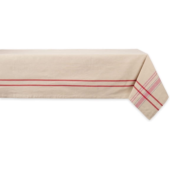 French Stripe Farmhouse Style Dining Table Linen Tablecloth, 52x52, Taupe and Red, Rustic Kitchen Decor, Durable Cotton Blend